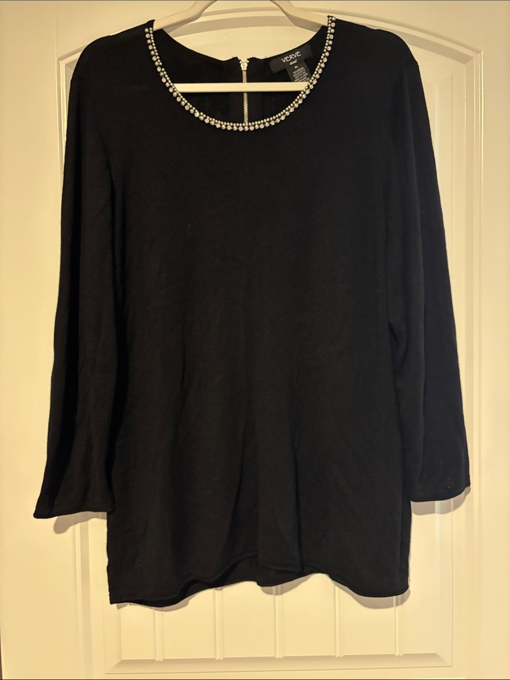 Verve Ami- Black Long-Sleeve Top with Embellished Neckline